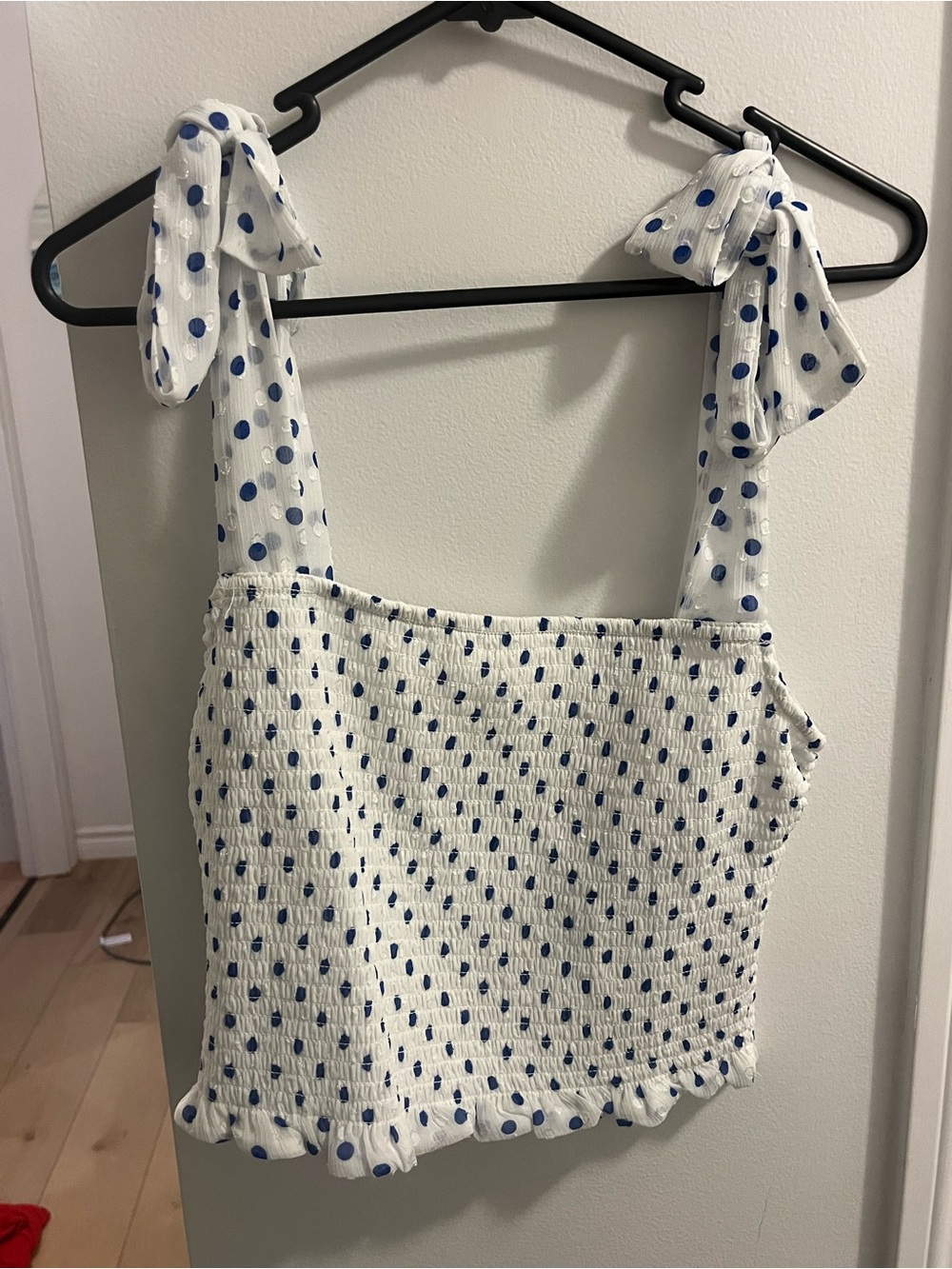 39. HAVEN & BLAIR Blue Polka Dot Tie-Shoulder Smocked Camisole
